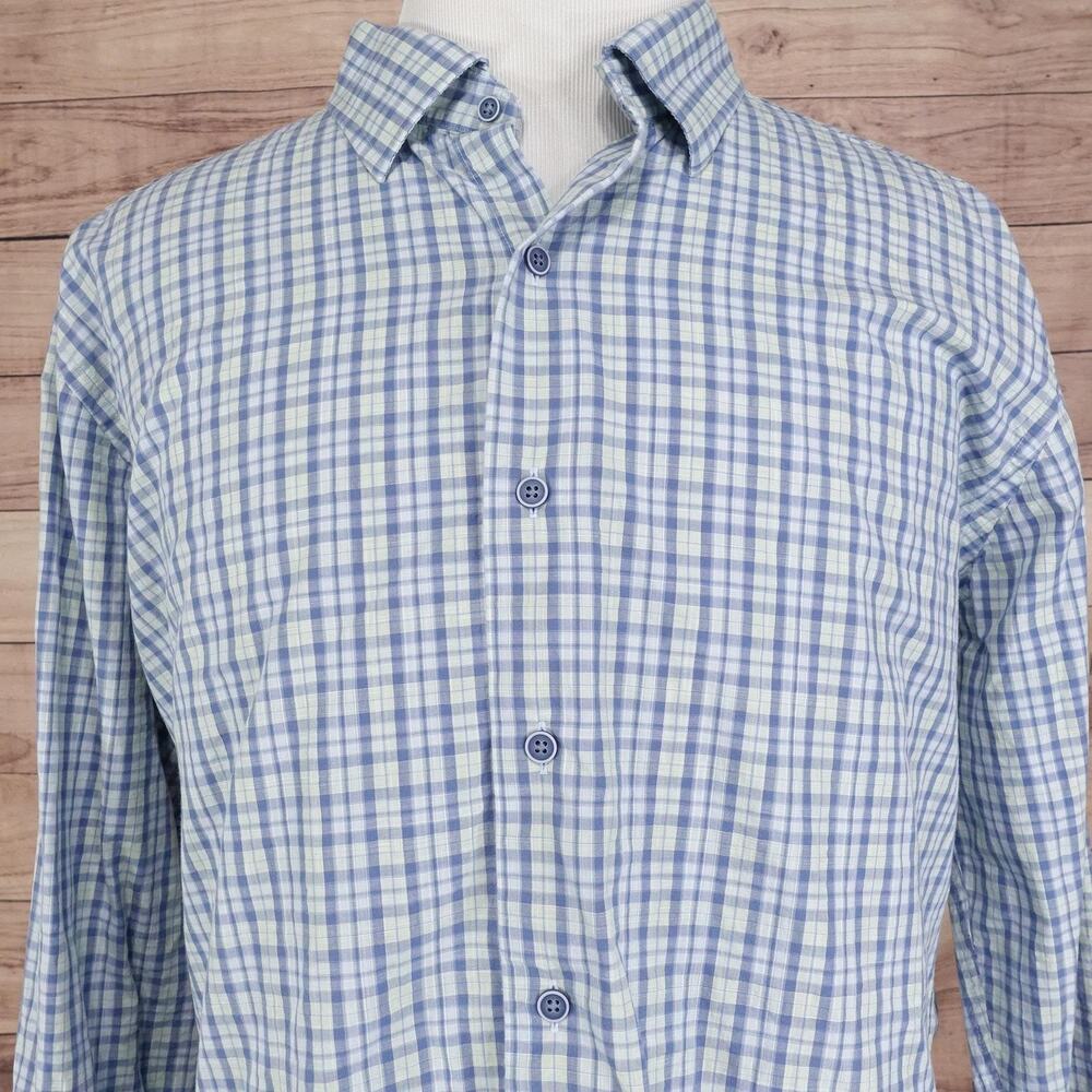 David Donahue Shirt Mens 2XL Blue‎ Green Check Plaid Button Down Long Sleeve